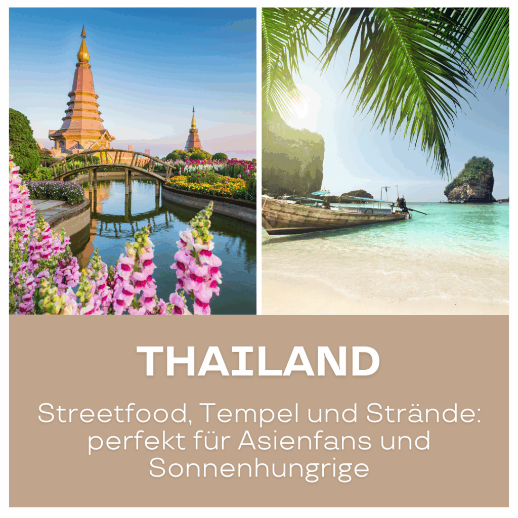 Reisetrends 2026: Bild von Thailand mit einem Tempel und einem Strand, umgeben von Pflanzen und Wasser.