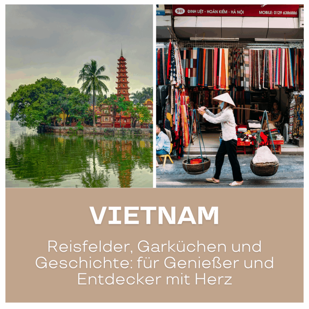 Reisetrends 2026: Landschaft mit Pagode und Markt mit bunten Stoffen in Vietnam.