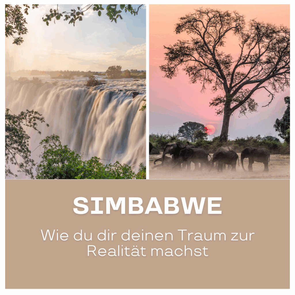 Bild von einem Wasserfall und einer Elefantenherde in Simbabwe bei Sonnenuntergang. - Afrika Urlaub buchen