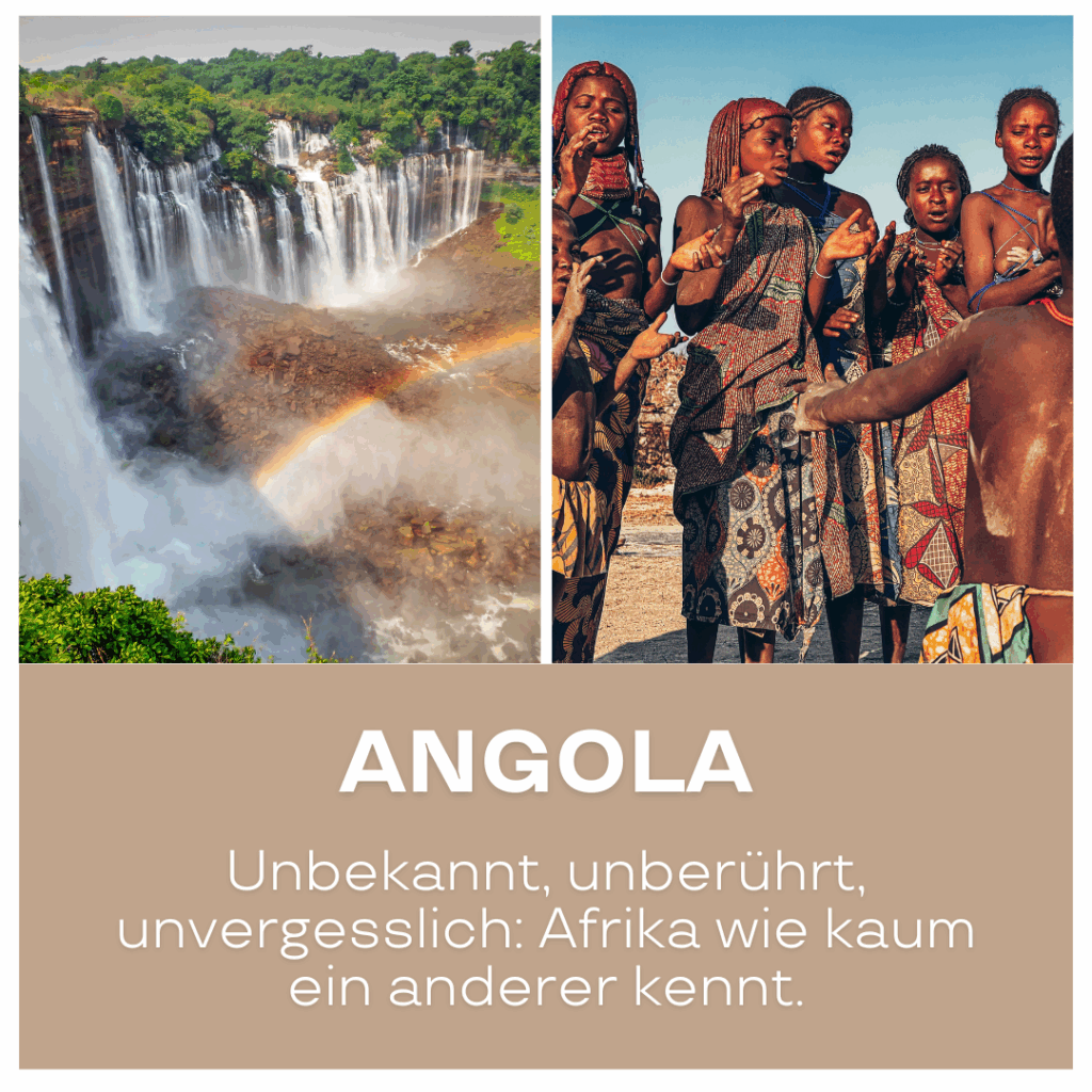 Bild von Wasserfällen in Angola mit Menschen in traditioneller Kleidung im Vordergrund. - Afrika Urlaub buchen