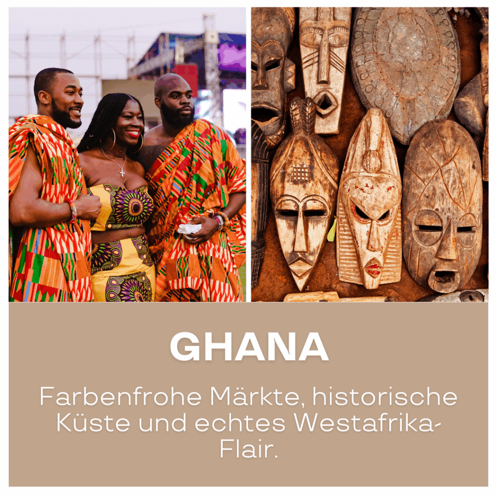 Eine Sammlung traditioneller afrikanischer Masken aus Ghana, die an einer Wand ausgestellt sind. - Afrika Urlaub buchen