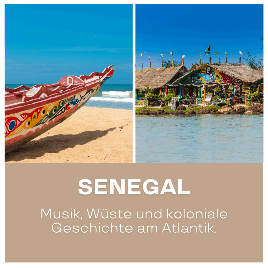 Ein traditionelles Boot am Strand und ein farbenfrohes Gebäude in Senegal am Atlantik. - Urlaub in Afrika buchen