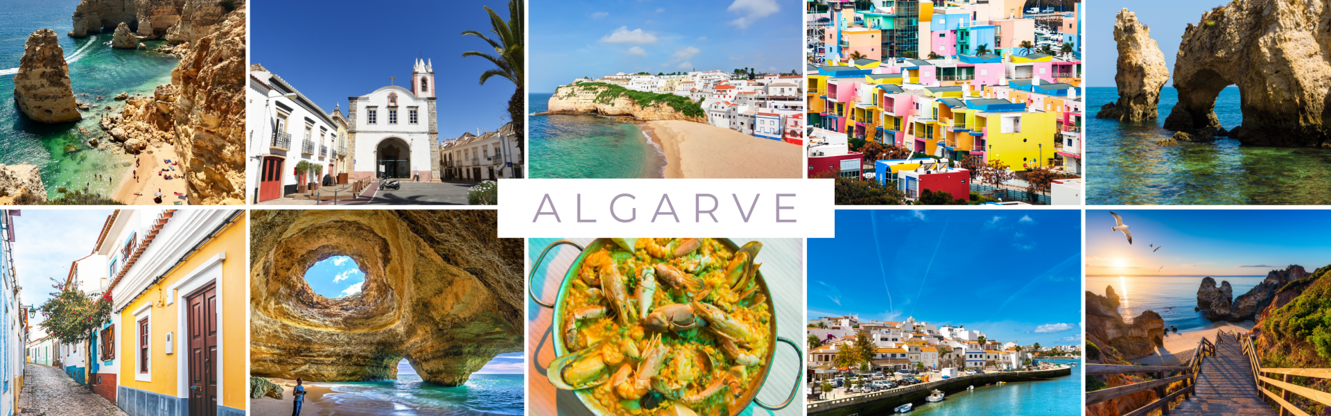 Algarve, darunter Strände, bunte Häuser, historische Gebäude und traditionelle Gerichte.