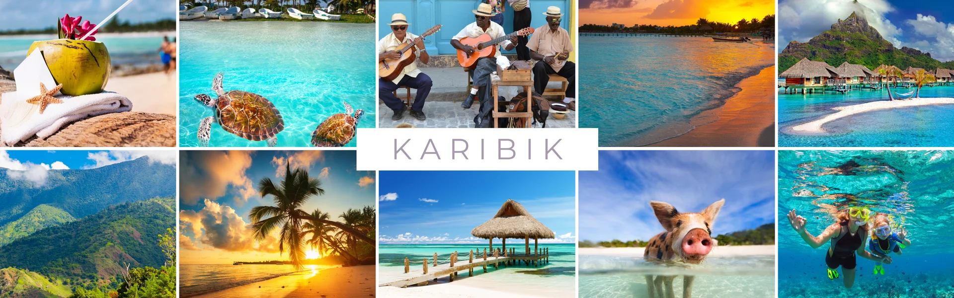 Karibik mit Palmen, Stränden, kristallklarem Wasser und tropischen Szenen.