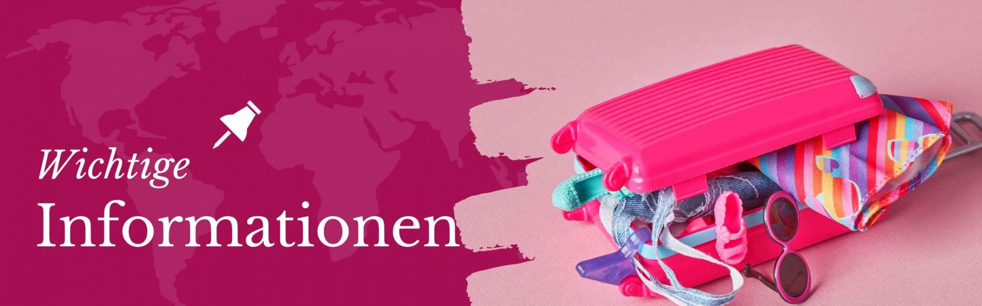 Rosa Reisekoffer, der überfüllt mit bunten Kleidungsstücken und Accessoires ist. FTI Reiseinformationen von Ihrem Reisebüro