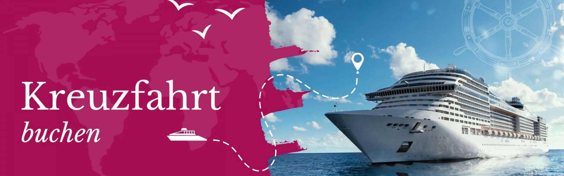 Kreuzfahrt buchen beim Experten im Reisebüro Großes Kreuzfahrtschiff auf offenem Meer unter blauem Himmel.