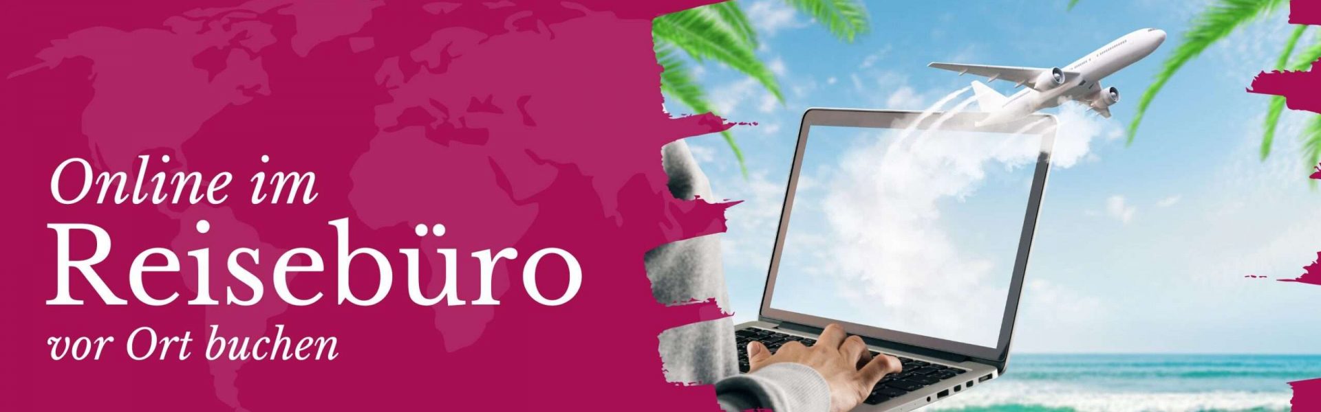 Online im Reisebüro vor Ort buchen Laptop vor einem tropischen Hintergrund.